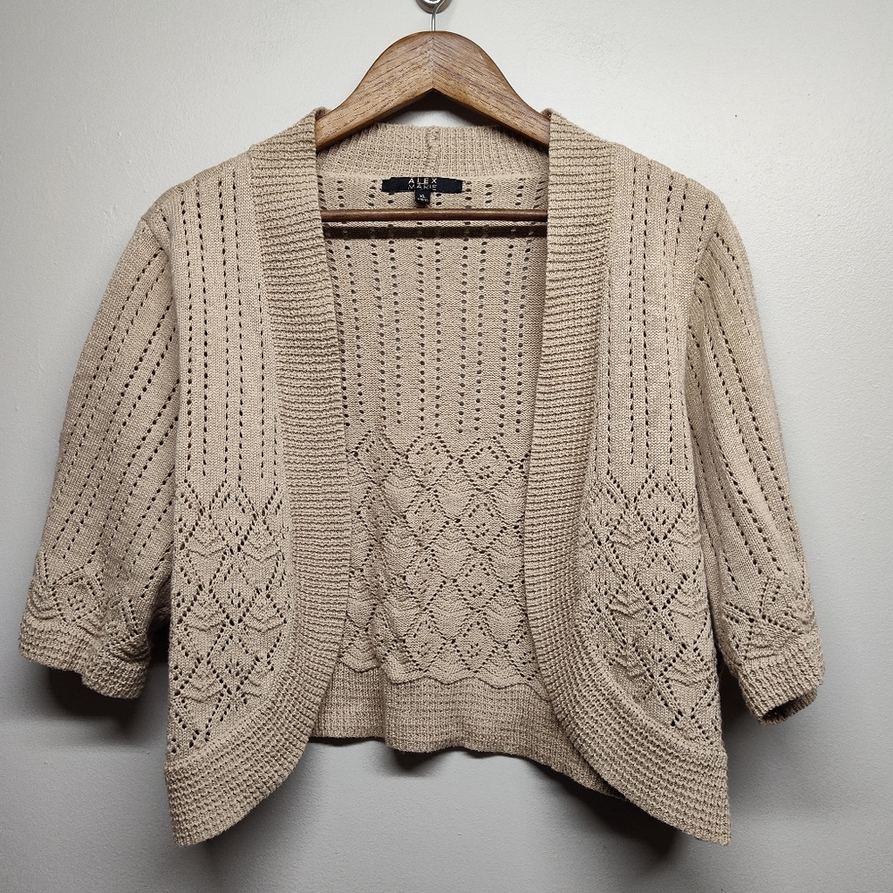 Alex Marie Crochet Cardigan Women Size XL Neutral Tan Open Front Short Sleeve